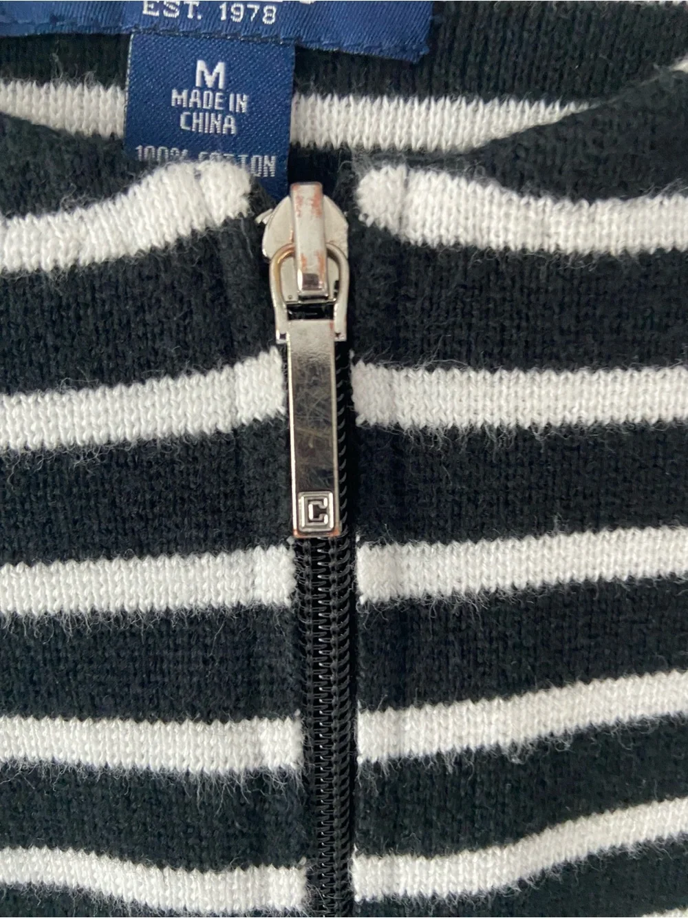 CHAPS Black White Striped Zip Front Cardigan Sweater Medium 100% Cotton
